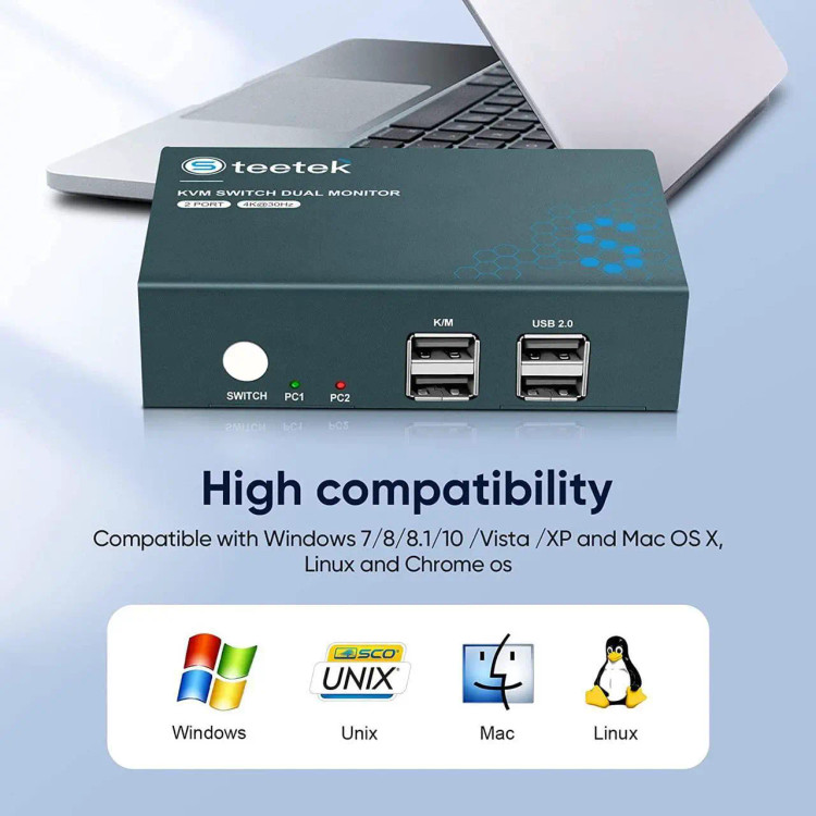 سوییچ کی وی ام دو مانیتوره استیتک مدل Steetek KVM Switch Dual Monitor 2 Port 4K۳۰Hz