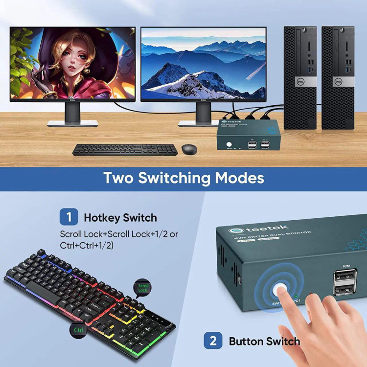 سوییچ کی وی ام دو مانیتوره استیتک مدل Steetek KVM Switch Dual Monitor 2 Port 4K۳۰Hz