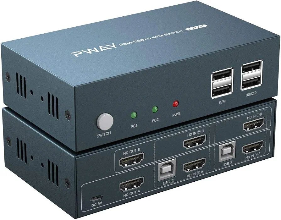 کی وی ام سوییچ HDMI دو مانیتور PWAY مدل HDMI USB2.0 KVM Switch Dual Monitor 2 Port