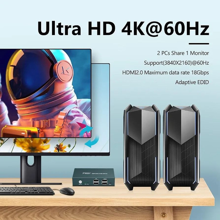 کی وی ام سوییچ HDMI دو پورت PWAY مدل HDMI USB2.0 KVM Switch با پشتیبانی از 4K 60Hz